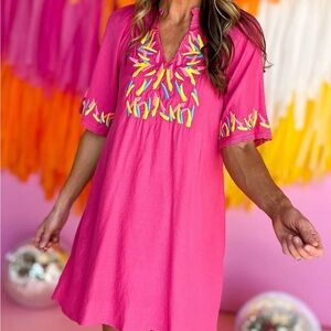 JODIFL Women’s Vibrant Pink Embroidered V-Neck Lined Dress Size 1x Plus